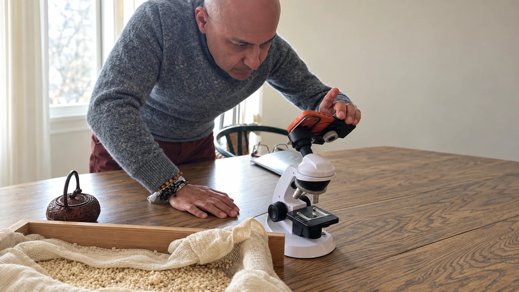 Looking at grains through a microscope at a wooden kitchen table