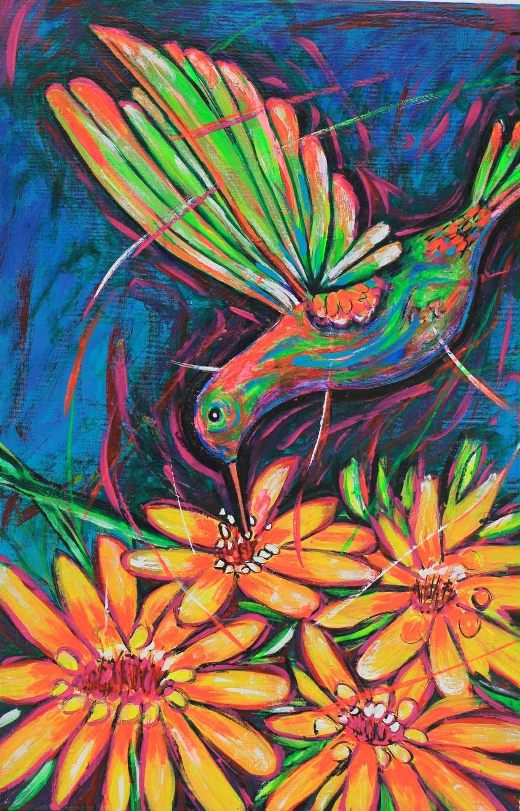 花の蜜を吸うハチドリを描いた作品