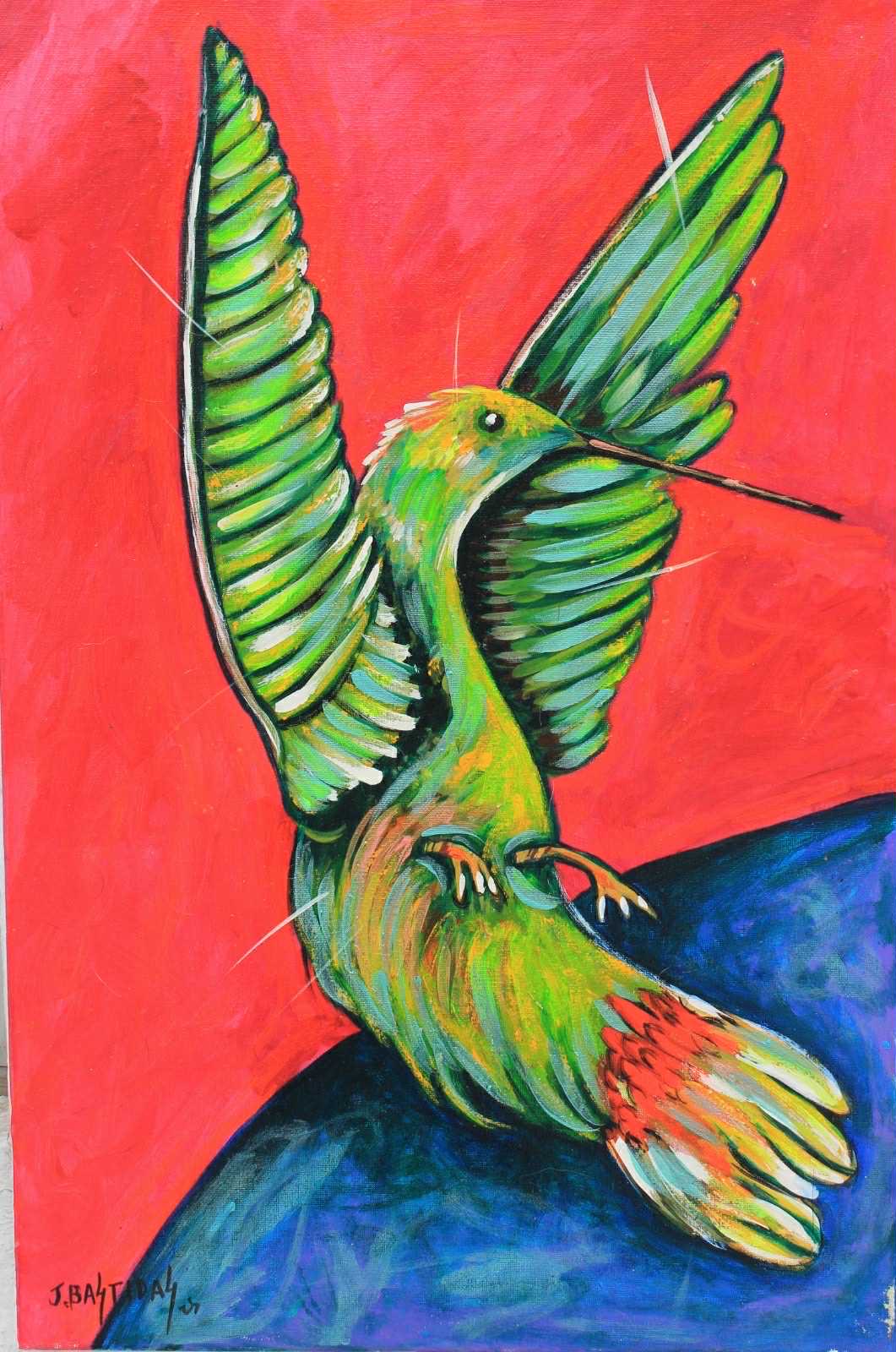 赤い背景に緑のハチドリを描いた作品