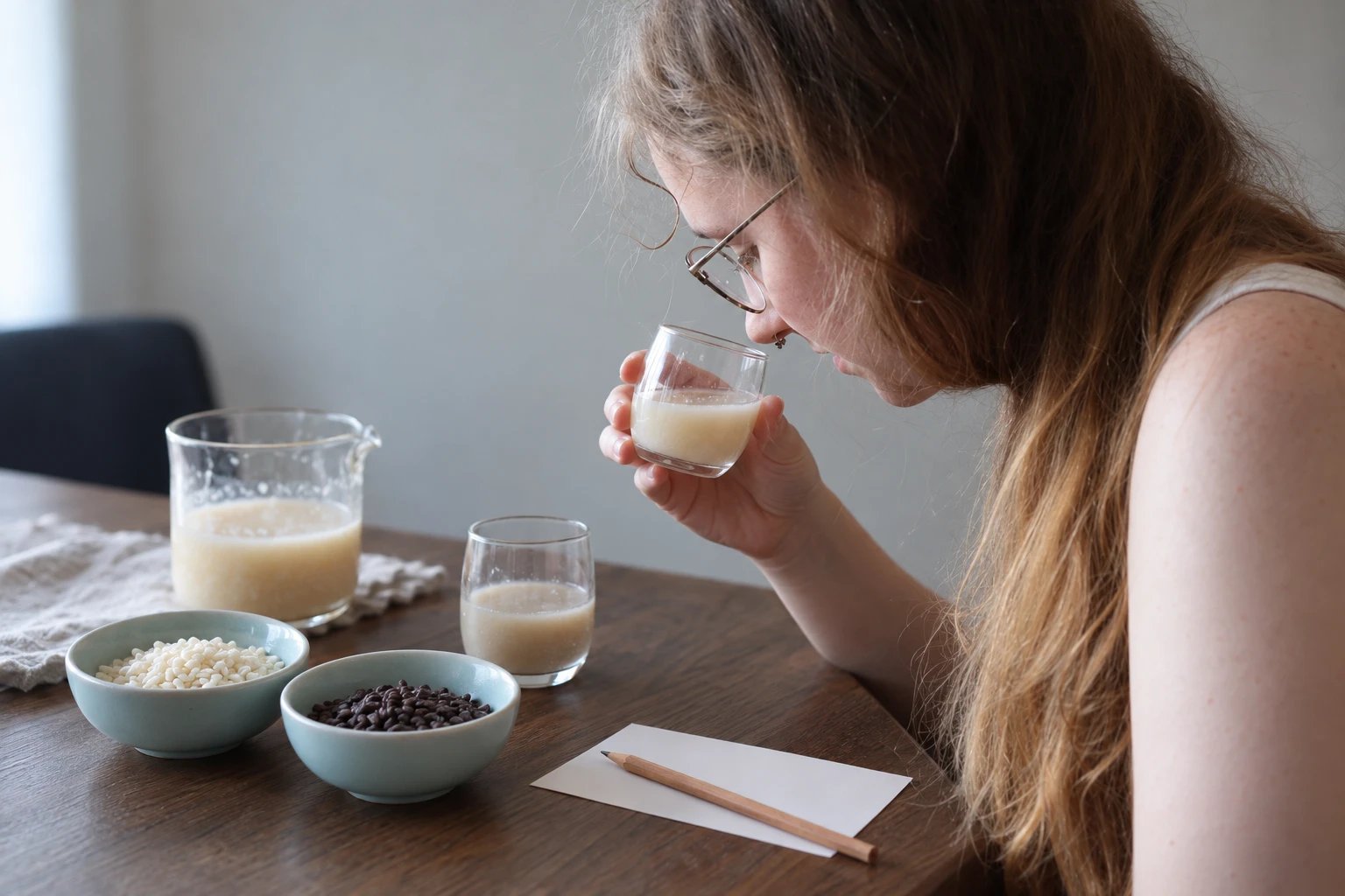 A guest smelling a glass of ama-koji, with bowls of rice koji and a tasting card on the table, during KIKI KOJI LAB