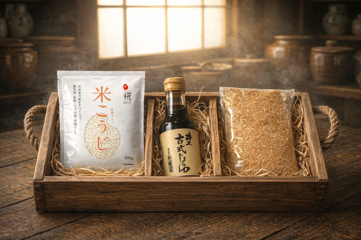 The take-home kit: rice koji, aged soy sauce and koji grains in a wooden box