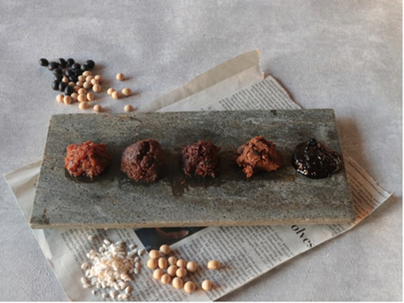 Five kinds of miso, from light to dark, on a stone board with soybeans and rice koji