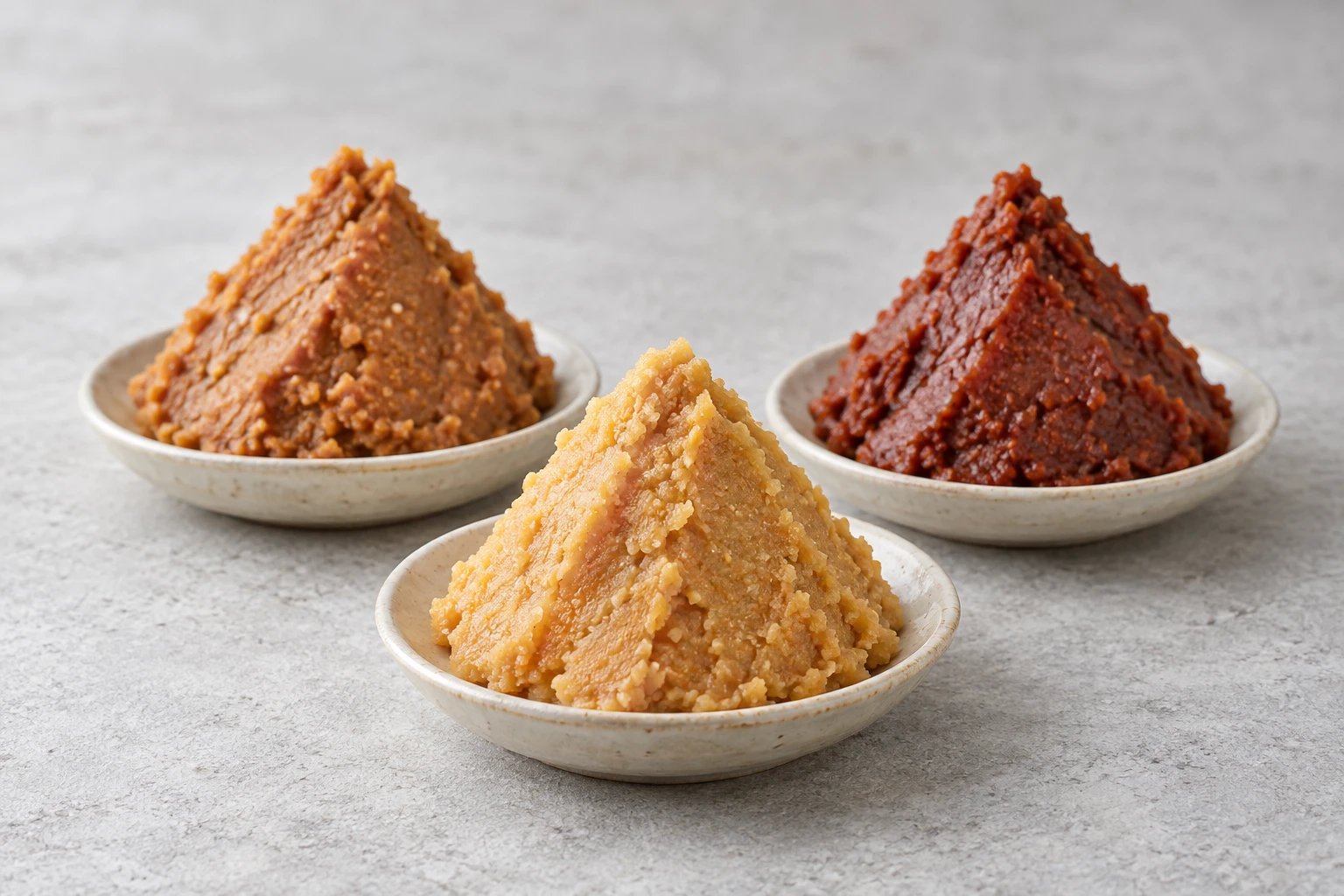 Three kinds of Japanese miso, from pale to deep red, in small ceramic dishes